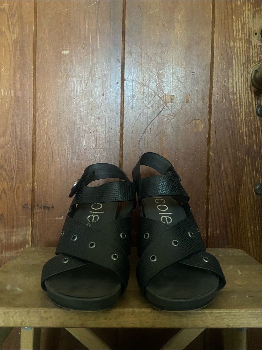 Nicole Black Leather Eyelet Cross-Strap wedge heel Sandals